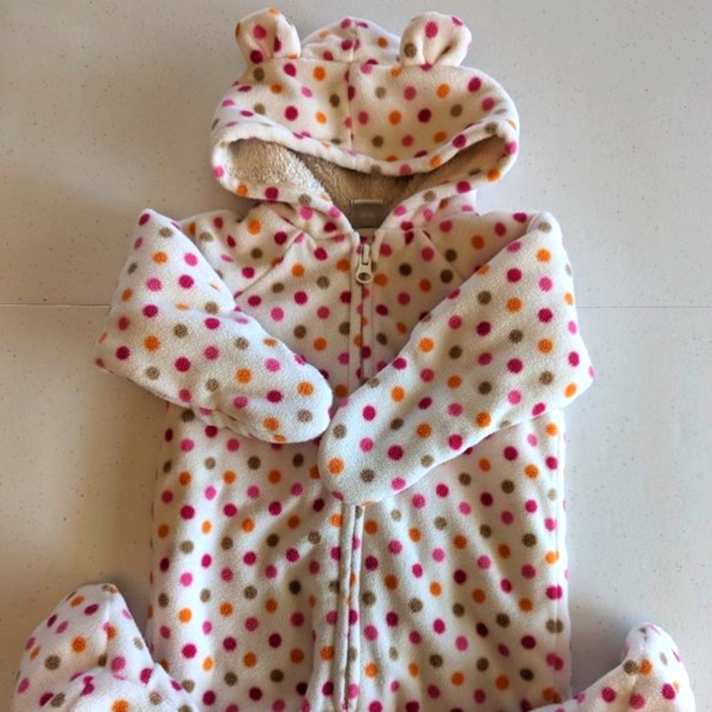 Polka Dot Girls Fleece Baby Bunting/ Hooded Pram/ 3-6 months